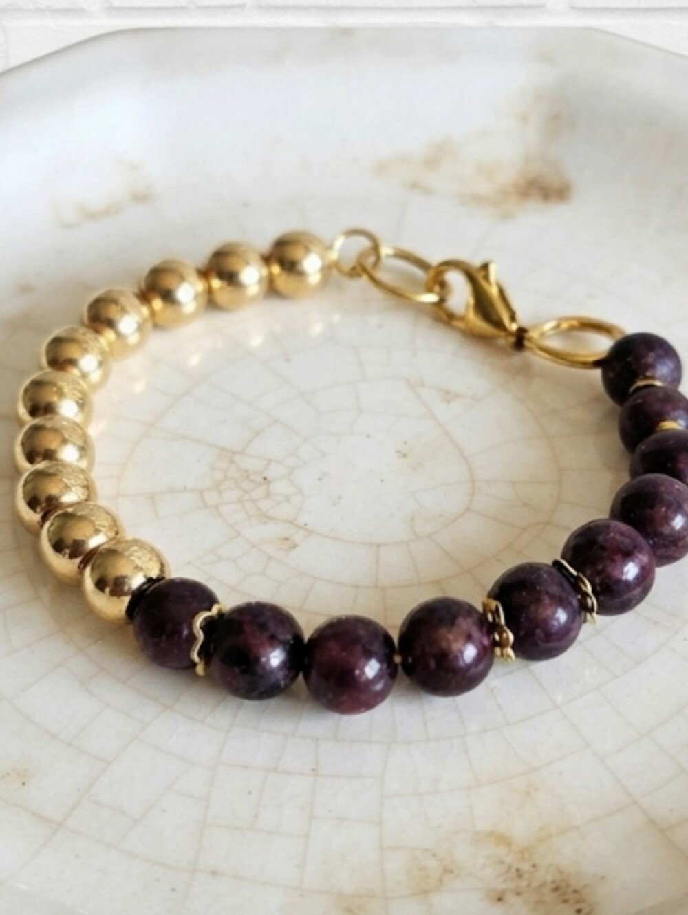 Natural Garnet and Gold Beads In Gold Plated Assymetrical Bracelet